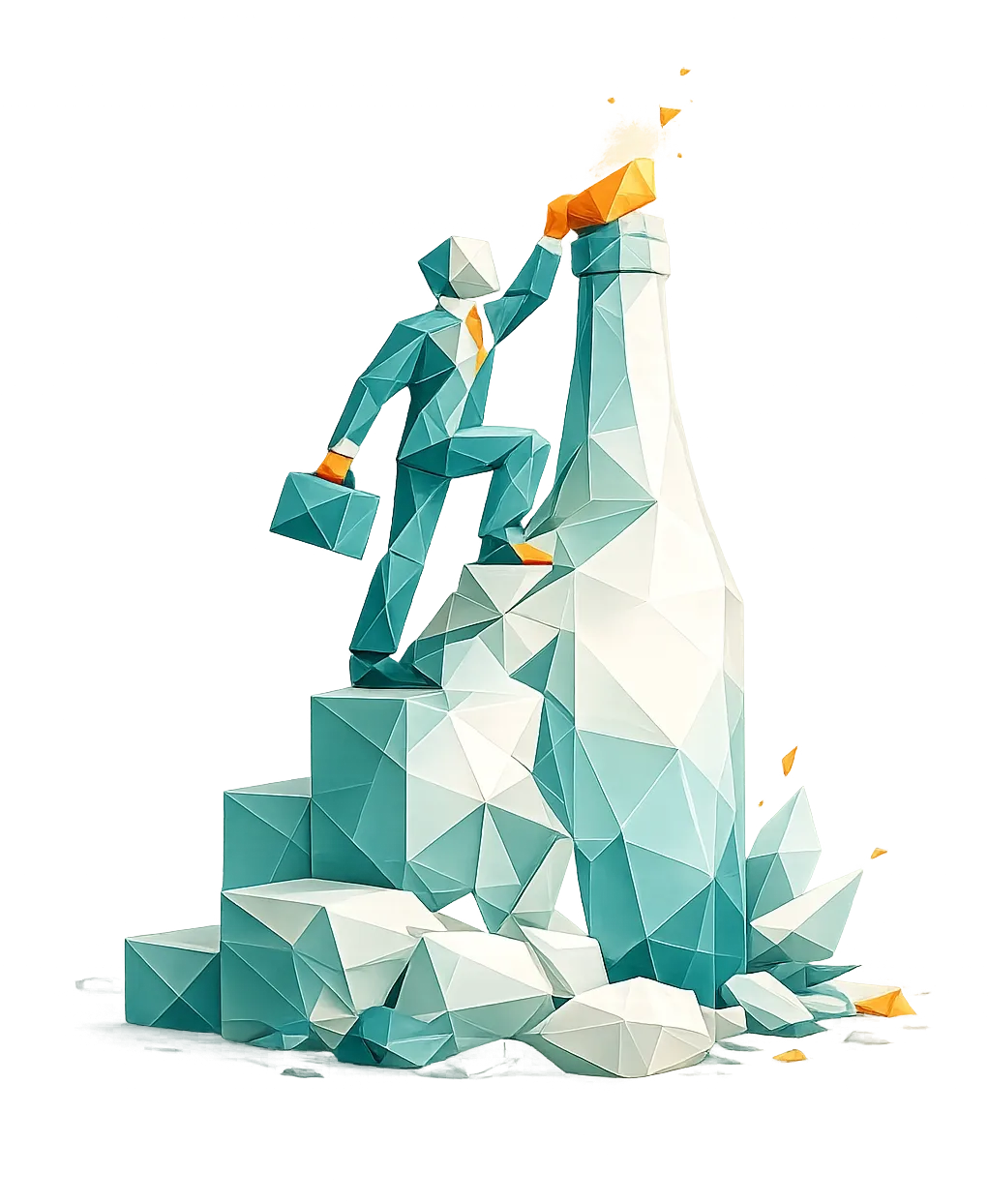 Low-Poly-Illustration eines Geschäftsmannes im Anzug mit Aktentasche, der eine Treppe aus geometrischen Blöcken zu einer Flasche hinaufsteigt und symbolisch nach den Karrierechancen bei Freitaler Glas greift.